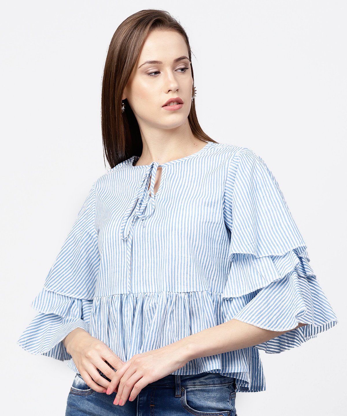 Buy NOZ2TOZ Blue Striped 3/4Th Umbrella Sleeves Cotton A-Line Tops Online  at Best Price