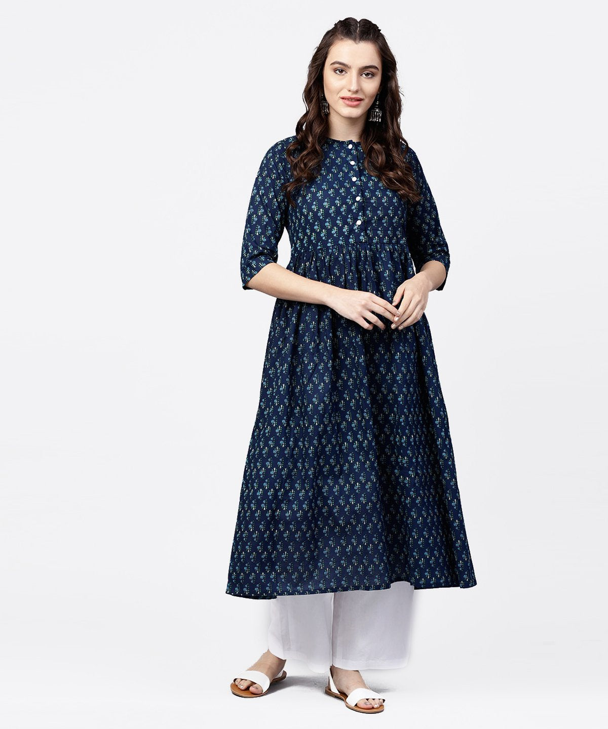 NOZ2TOZ Blue Printed Gathered A-Line Kurta With White Palazzo - Distacart