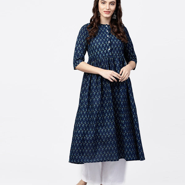 NOZ2TOZ Blue Printed Gathered A-Line Kurta With White Palazzo - Distacart
