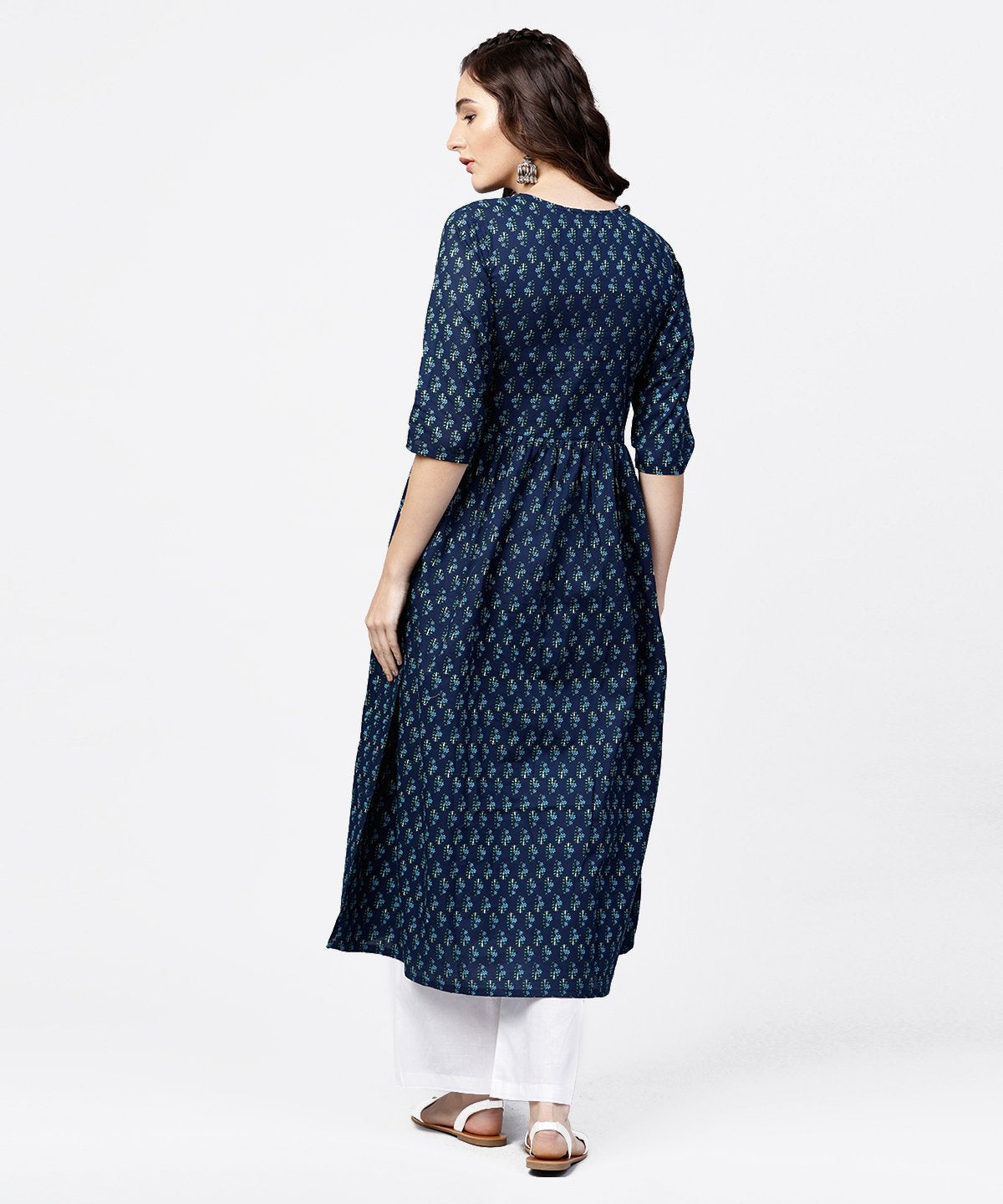NOZ2TOZ Blue Printed Gathered A-Line Kurta With White Palazzo - Distacart