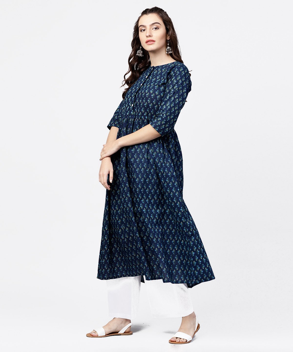 NOZ2TOZ Blue Printed Gathered A-Line Kurta With White Palazzo - Distacart