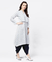 Thumbnail for NOZ2TOZ Blue Printed 3/4Th Sleeve A-Line Cotton Kurta With Solid Dye Dhoti Pant Set - Distacart