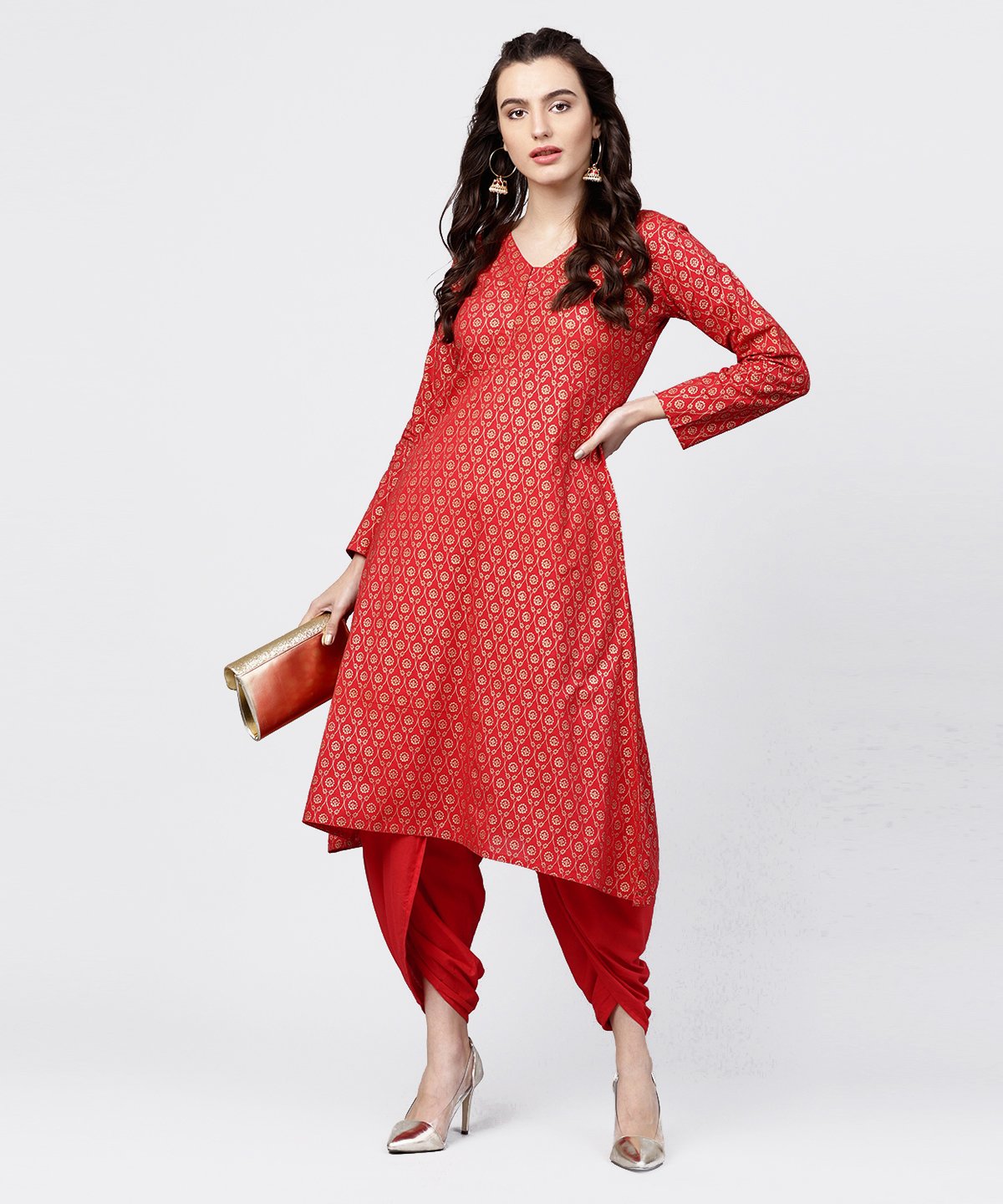 NOZ2TOZ Red Printed 3/4Th Sleeve A-Line Cotton Kurta With Solid Dye Dhoti Pant Set - Distacart