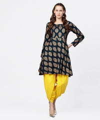 Thumbnail for NOZ2TOZ Navy Blue Khadi Gold Printed Full Sleeve Short Anarkali With Yellow Dhoti Pant Set - Distacart