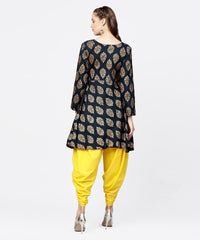 Thumbnail for NOZ2TOZ Navy Blue Khadi Gold Printed Full Sleeve Short Anarkali With Yellow Dhoti Pant Set - Distacart
