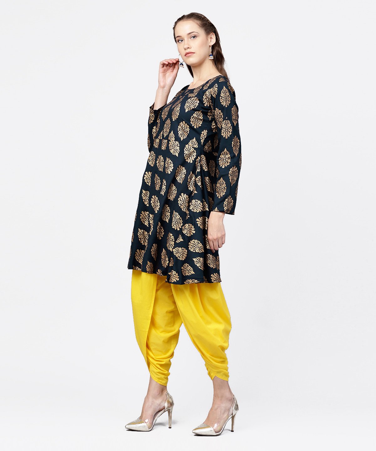 NOZ2TOZ Navy Blue Khadi Gold Printed Full Sleeve Short Anarkali With Yellow Dhoti Pant Set - Distacart