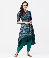 Thumbnail for NOZ2TOZ Blue Printed 3/4Th Sleeve Cotton Low High Kurta With Blue Printed Dhoti - Distacart