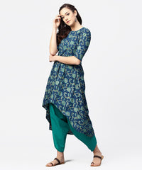 Thumbnail for NOZ2TOZ Blue Printed 3/4Th Sleeve Cotton Low High Kurta With Blue Printed Dhoti - Distacart