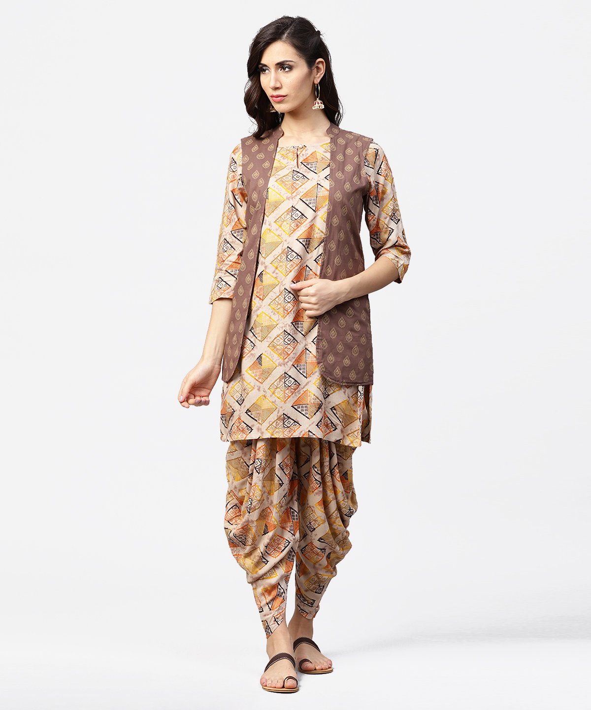 NOZ2TOZ Brown Printed 3/4Th Sleeve Cotton Kurta With Ankle Length Dhoti & Grey Printed Open Jacket - Distacart
