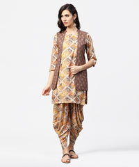 Thumbnail for NOZ2TOZ Brown Printed 3/4Th Sleeve Cotton Kurta With Ankle Length Dhoti & Grey Printed Open Jacket - Distacart