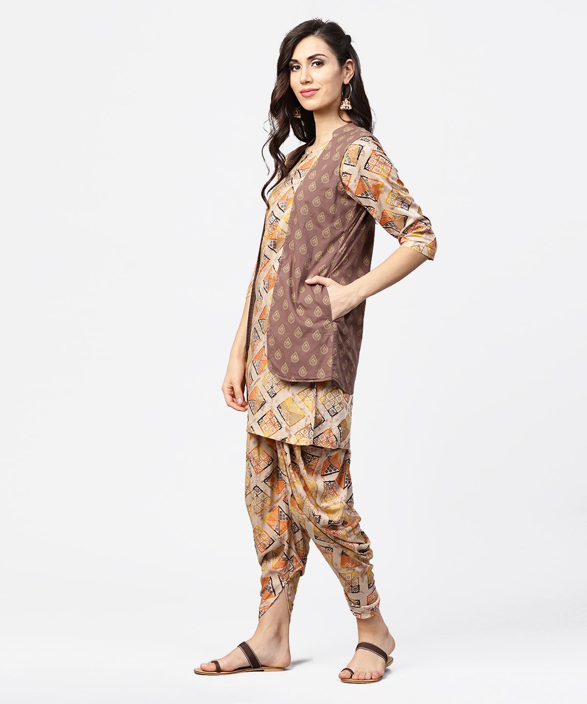 NOZ2TOZ Brown Printed 3/4Th Sleeve Cotton Kurta With Ankle Length Dhoti & Grey Printed Open Jacket - Distacart