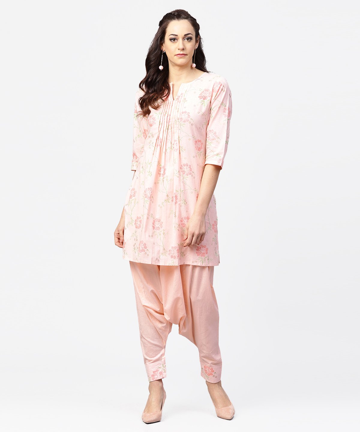 NOZ2TOZ Peach Printed 3/4Th Sleeve Pleated Kurti With Ankle Length Block Printed Salwar - Distacart