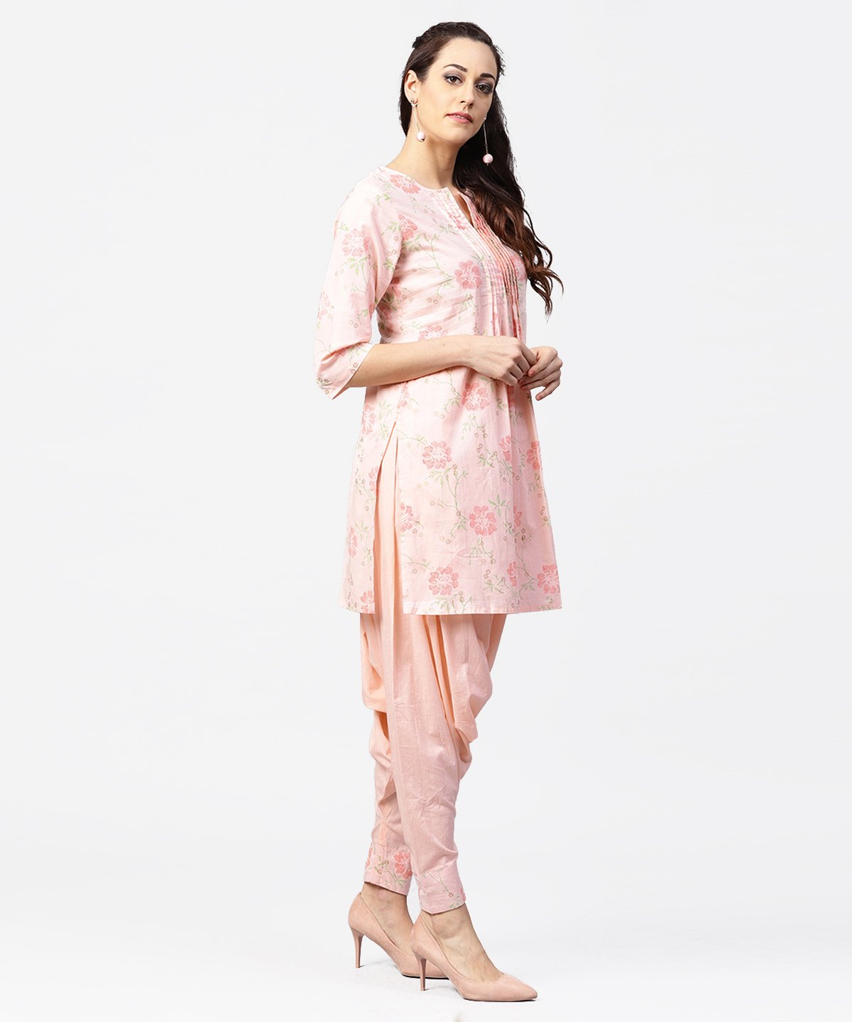 NOZ2TOZ Peach Printed 3/4Th Sleeve Pleated Kurti With Ankle Length Block Printed Salwar - Distacart