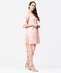 Thumbnail for NOZ2TOZ Peach Printed 3/4Th Sleeve Pleated Kurti With Ankle Length Block Printed Salwar - Distacart
