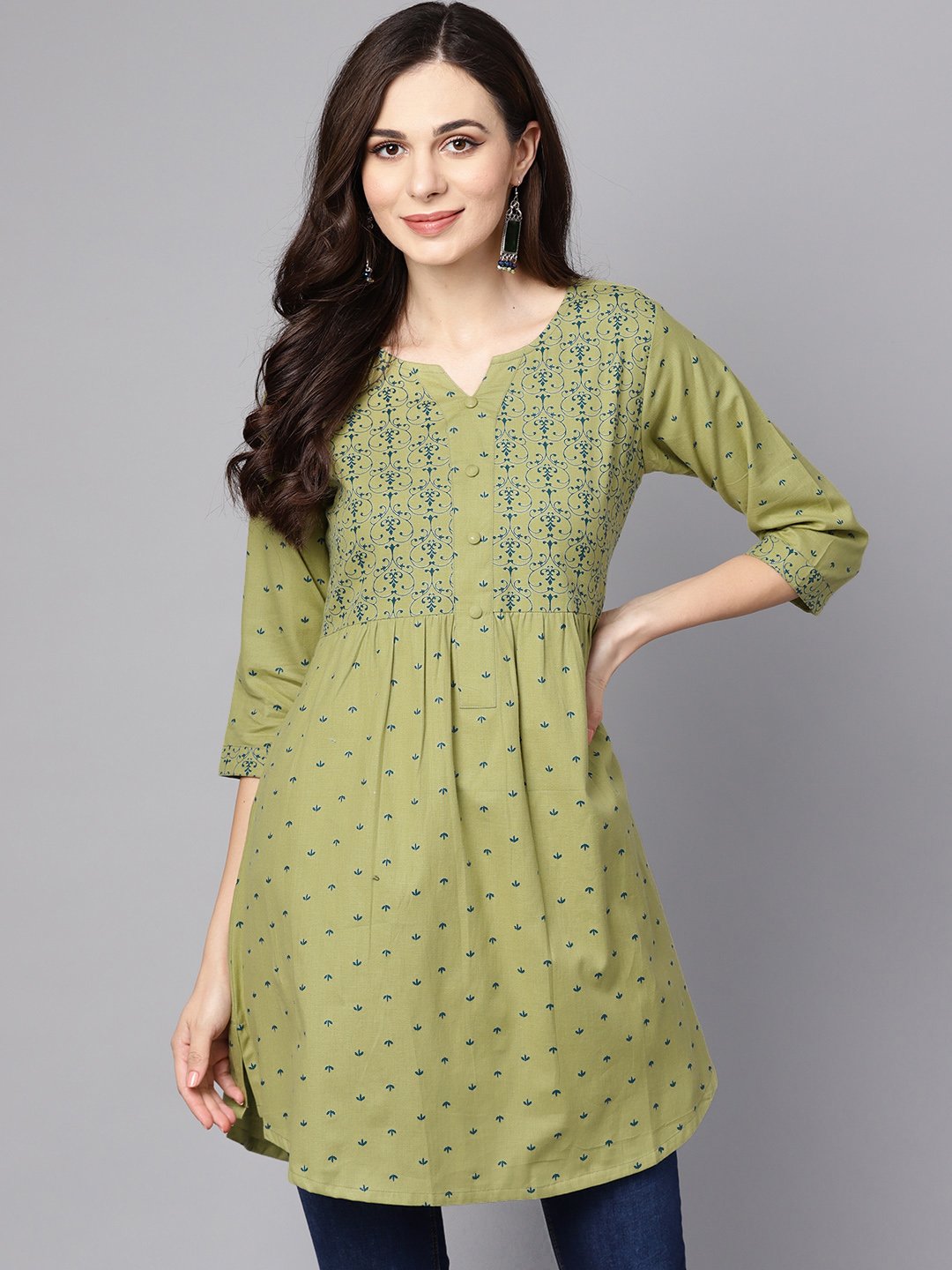 NOZ2TOZ Green Printed 3/4Th Sleeve Cotton A-Line Kurta - Distacart