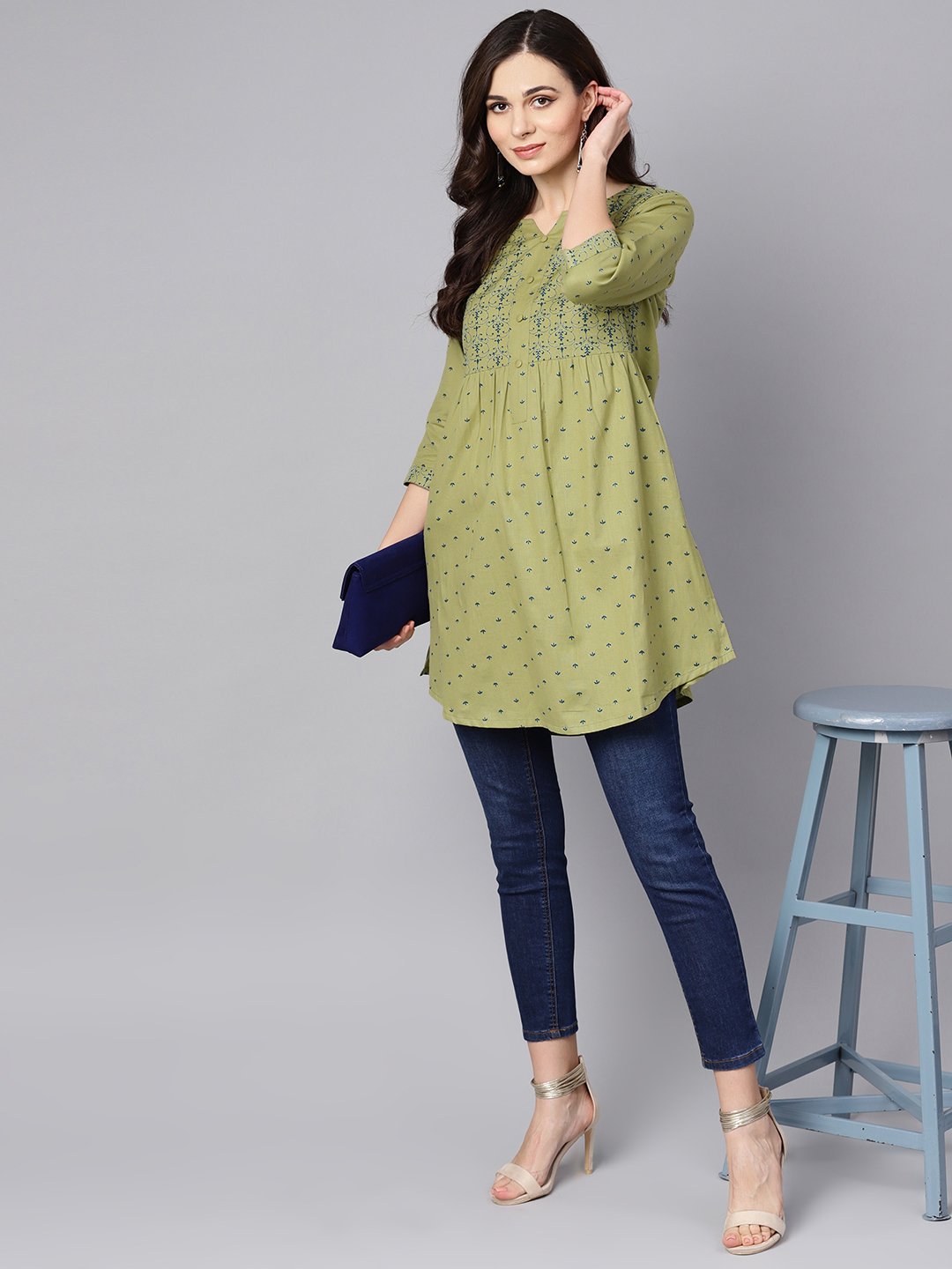 NOZ2TOZ Green Printed 3/4Th Sleeve Cotton A-Line Kurta - Distacart