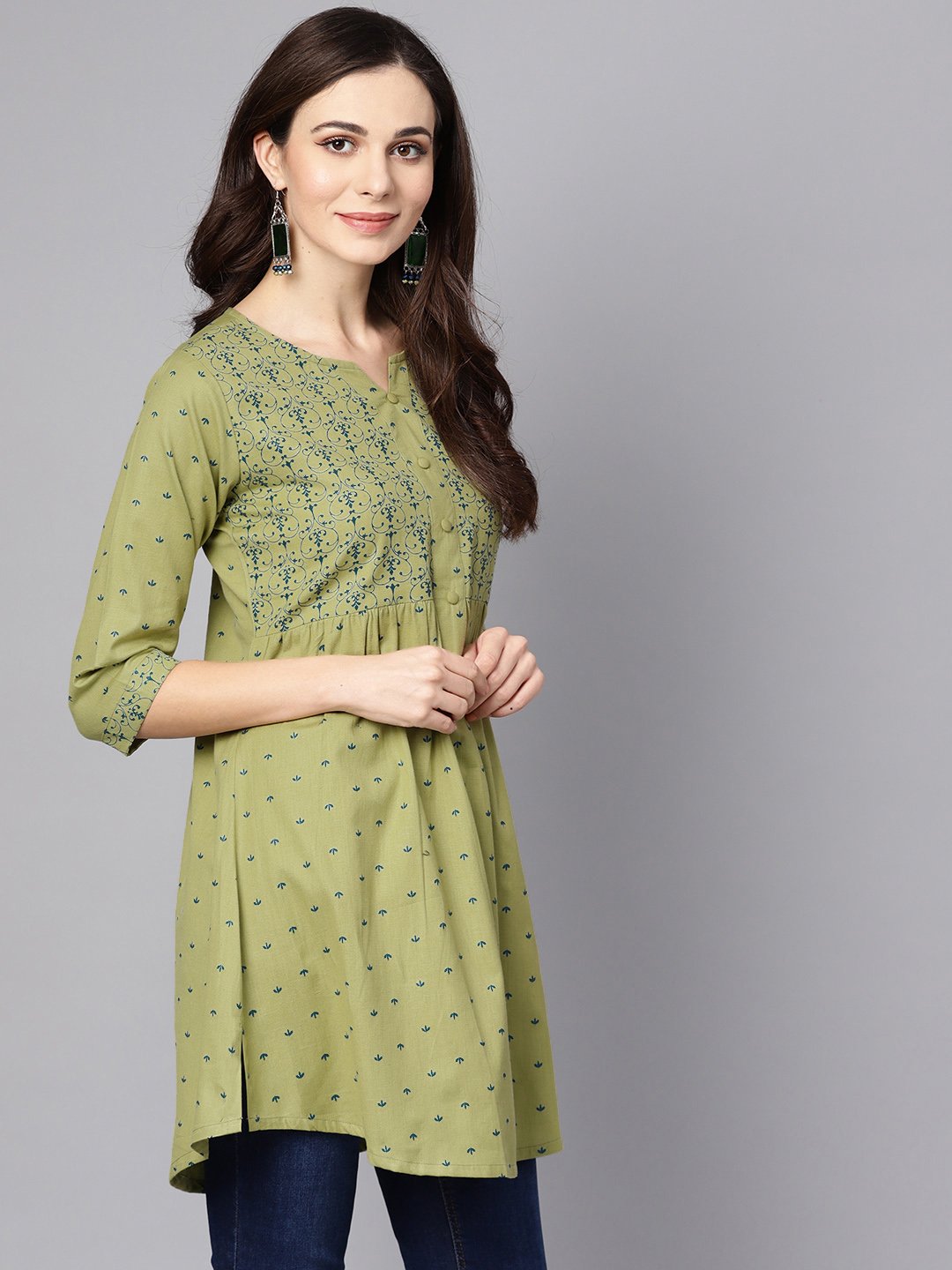 NOZ2TOZ Green Printed 3/4Th Sleeve Cotton A-Line Kurta - Distacart
