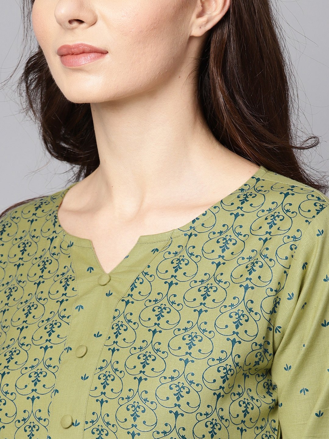 NOZ2TOZ Green Printed 3/4Th Sleeve Cotton A-Line Kurta - Distacart