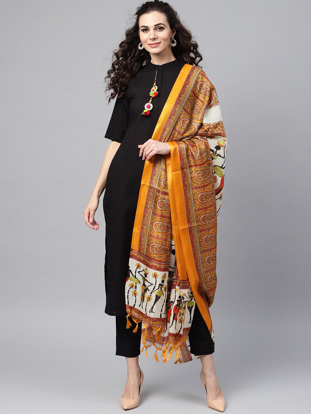 NOZ2TOZ Solid Black Kurta Set With Pants & Bhagalpuri Multi Colored Dupatta - Distacart