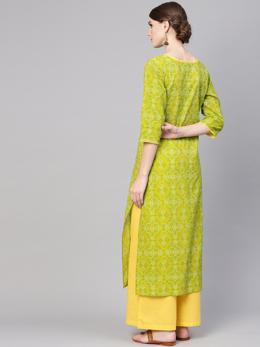 NOZ2TOZ Women Green & Yellow Bandhani Print Kurta with Palazzos - Distacart