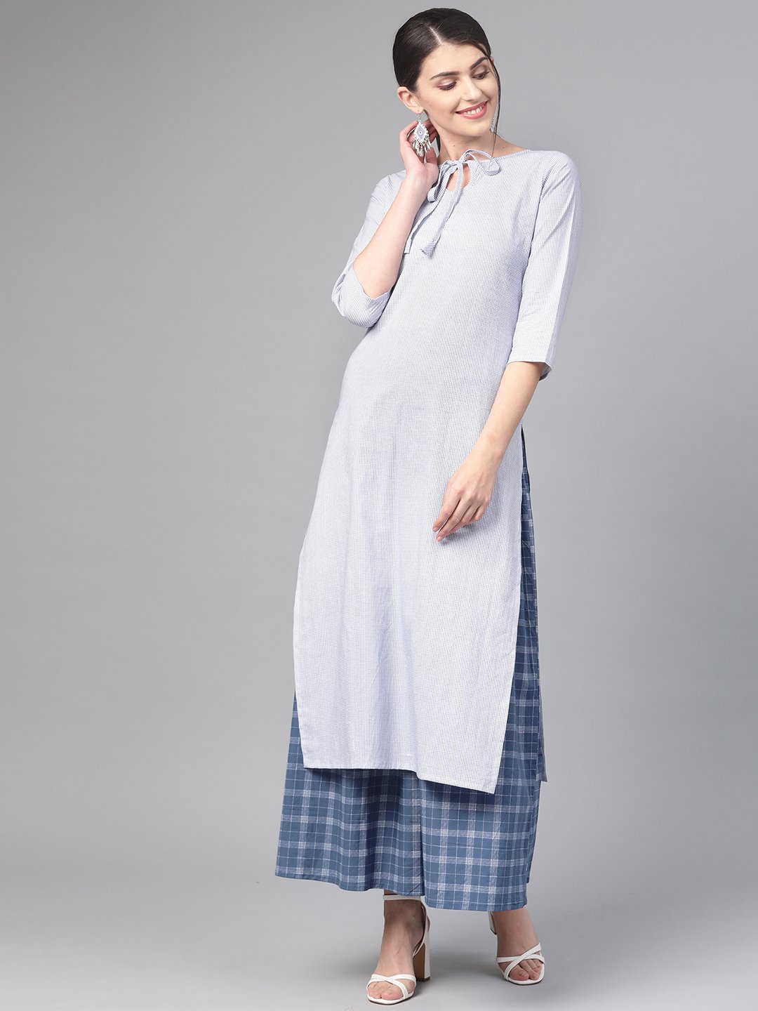 NOZ2TOZ Women White & Blue Straight Geometric Printed Kurta And Skirt Set - Distacart