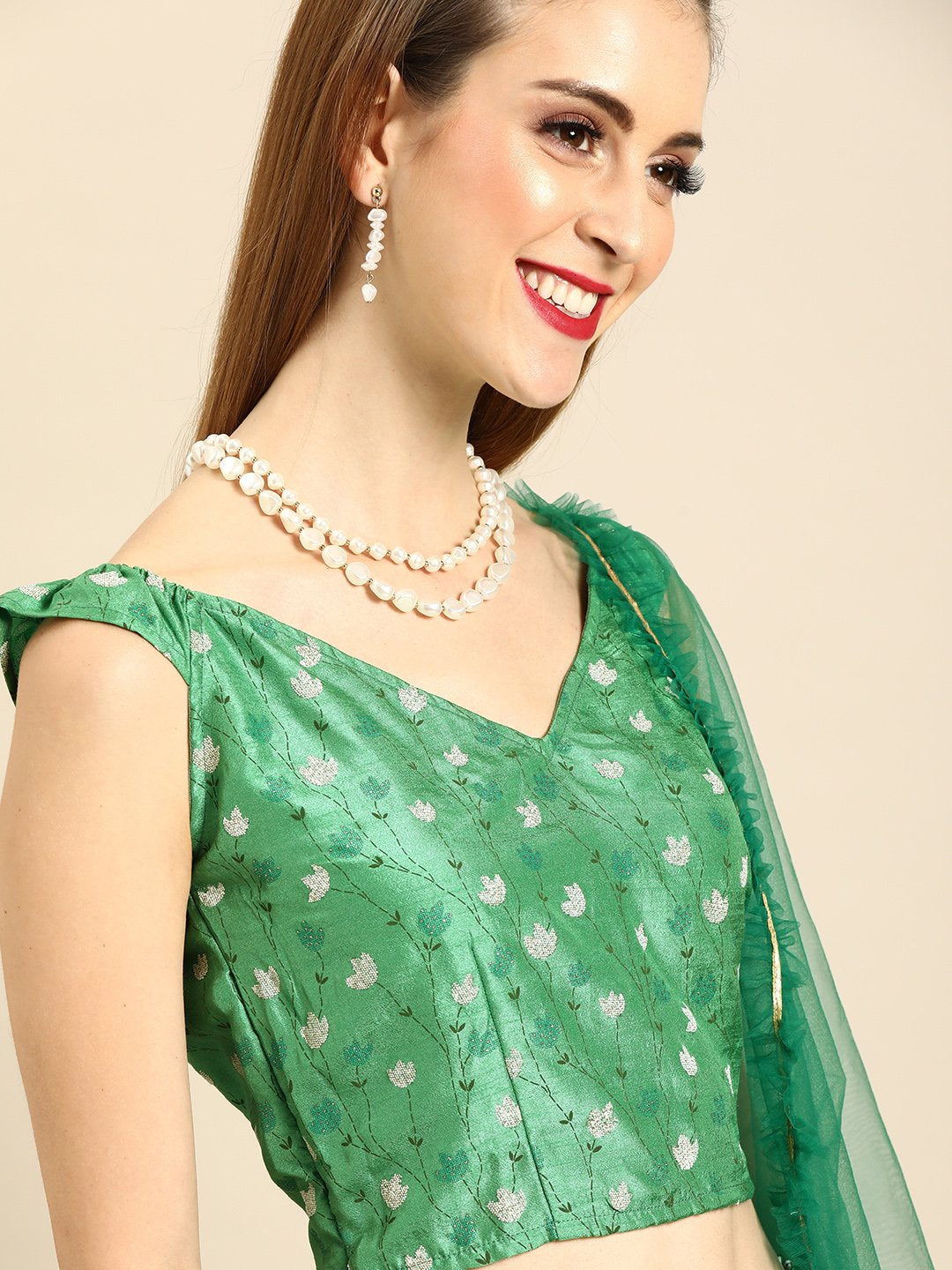 NOZ2TOZ Women Green Printed Dola Silk Lehenga Choli with Dupatta - Distacart