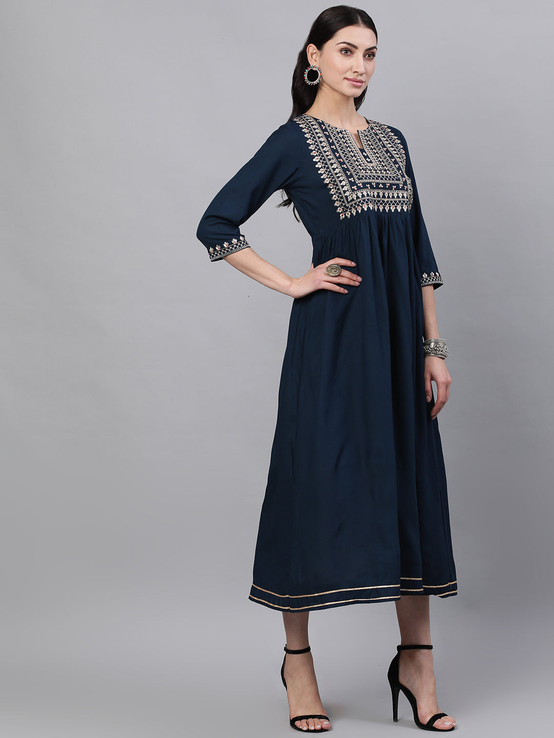 NOZ2TOZ Women Navy Blue Solid Embroidered V-Neck Viscose Rayon Maxi Dress With Dupatta - Distacart