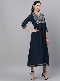 Thumbnail for NOZ2TOZ Women Navy Blue Solid Embroidered V-Neck Viscose Rayon Maxi Dress With Dupatta - Distacart