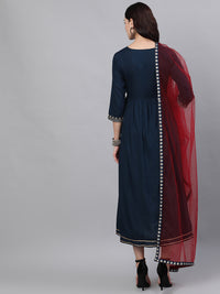 Thumbnail for NOZ2TOZ Women Navy Blue Solid Embroidered V-Neck Viscose Rayon Maxi Dress With Dupatta - Distacart