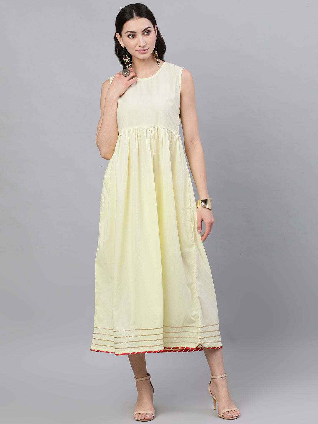 Noz2Toz Women Lime Yellow Self Design Self Design V-Neck Polyester Maxi Dress With Dupatta - Distacart