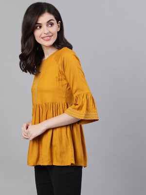 NOZ2TOZ Women Mustard Long Sleeves Gathered Or Pleated Top - Distacart