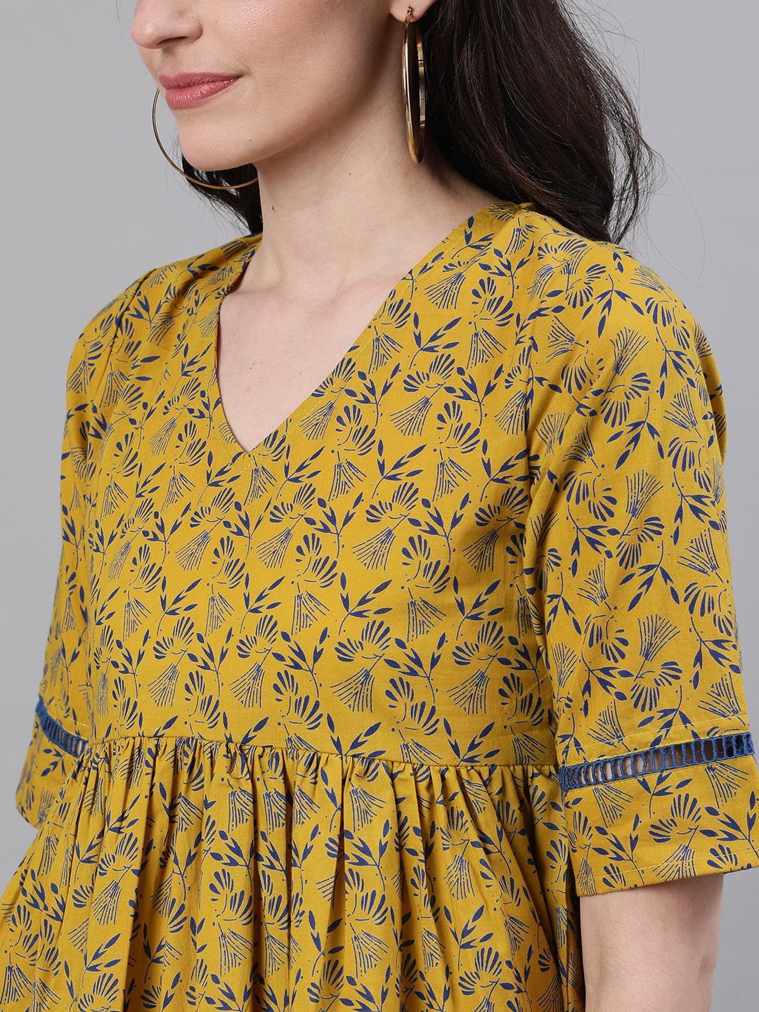 NOZ2TOZ Women Yellow Three-Quarter Sleeves Gathered Or Pleated Top - Distacart