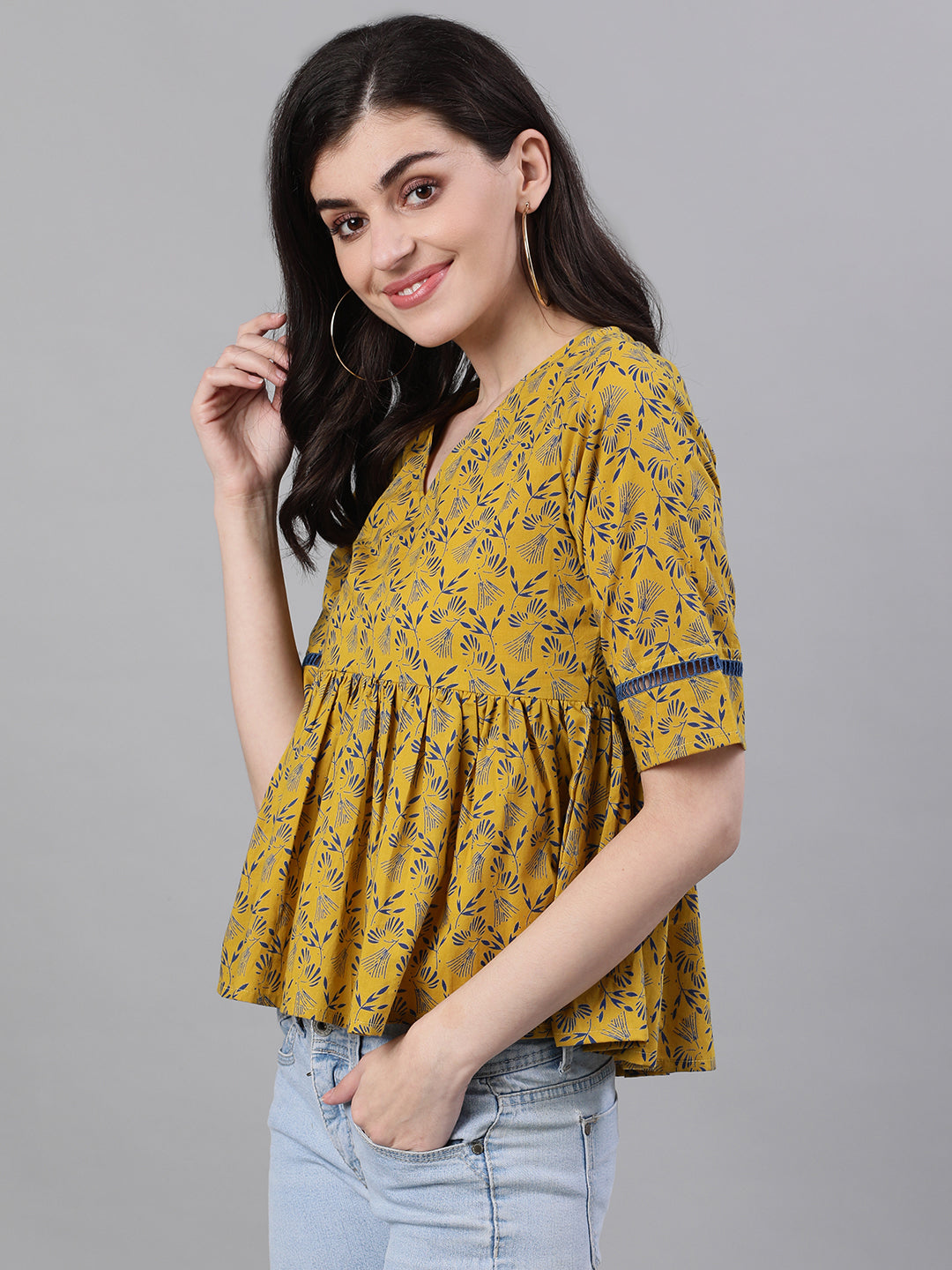 NOZ2TOZ Women Yellow Three-Quarter Sleeves Gathered Or Pleated Top - Distacart