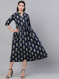 Thumbnail for NOZ2TOZ Women Navy Blue Ethnic Motifs Printed Mandarin Collar Cotton Maxi Dress - Distacart