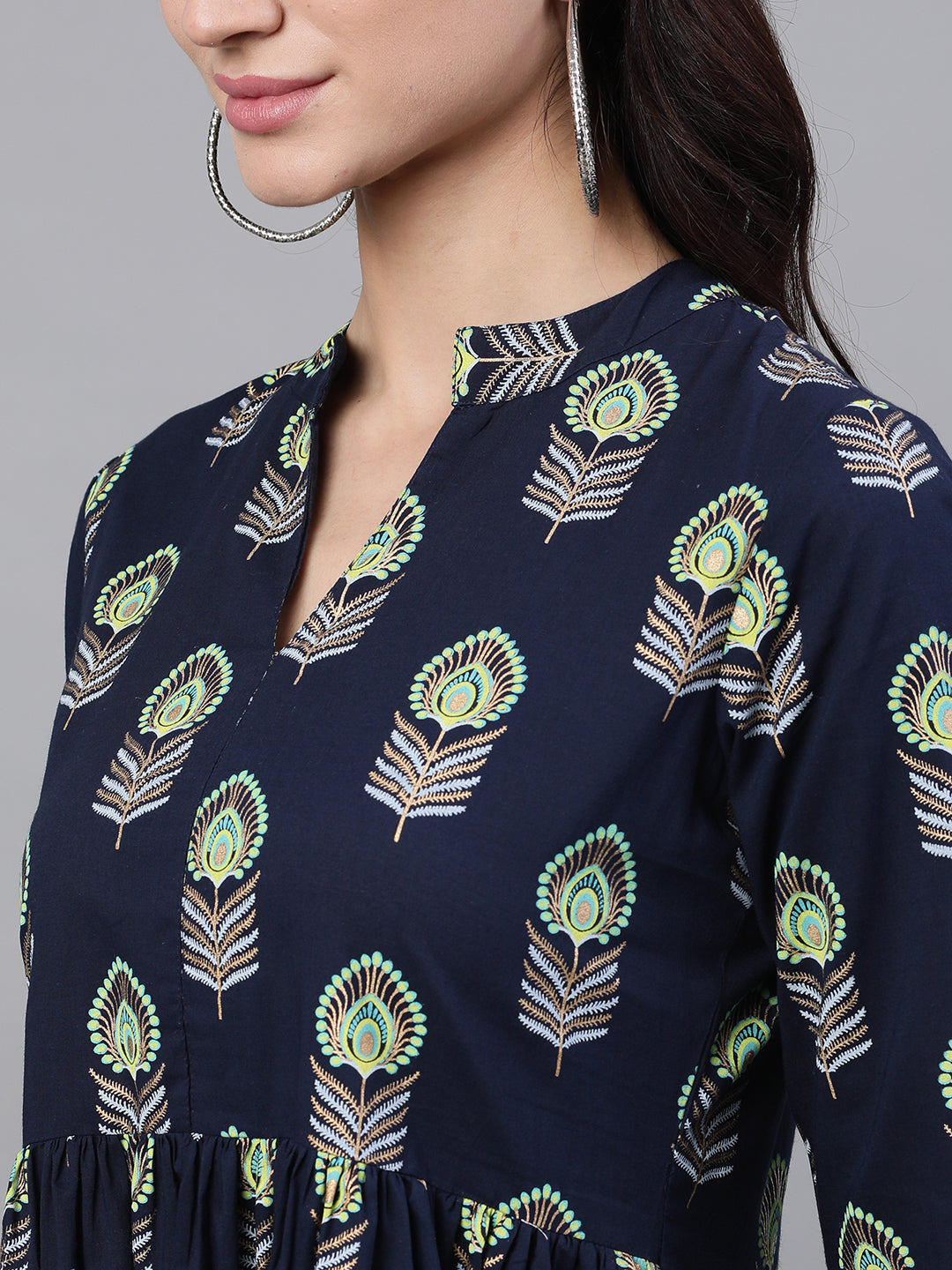 NOZ2TOZ Women Navy Blue Ethnic Motifs Printed Mandarin Collar Cotton Maxi Dress - Distacart