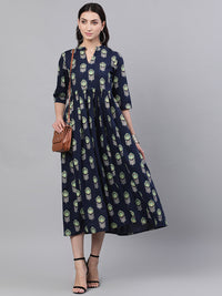 Thumbnail for NOZ2TOZ Women Navy Blue Ethnic Motifs Printed Mandarin Collar Cotton Maxi Dress - Distacart