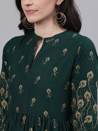 Thumbnail for NOZ2TOZ Women Green Ethnic Motifs Printed Mandarin Collar Cotton Maxi Dress - Distacart