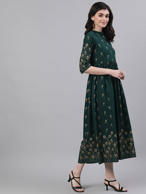 NOZ2TOZ Women Green Ethnic Motifs Printed Mandarin Collar Cotton Maxi Dress - Distacart