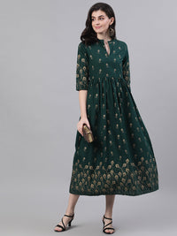 Thumbnail for NOZ2TOZ Women Green Ethnic Motifs Printed Mandarin Collar Cotton Maxi Dress - Distacart