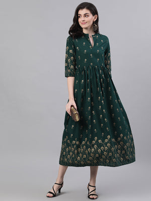 NOZ2TOZ Women Green Ethnic Motifs Printed Mandarin Collar Cotton Maxi Dress - Distacart