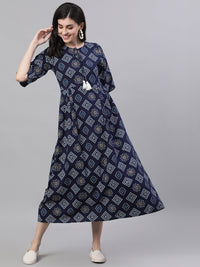 Thumbnail for NOZ2TOZ Women Navy Blue Geometric Printed Tie-Up Neck Cotton Maxi Dress - Distacart