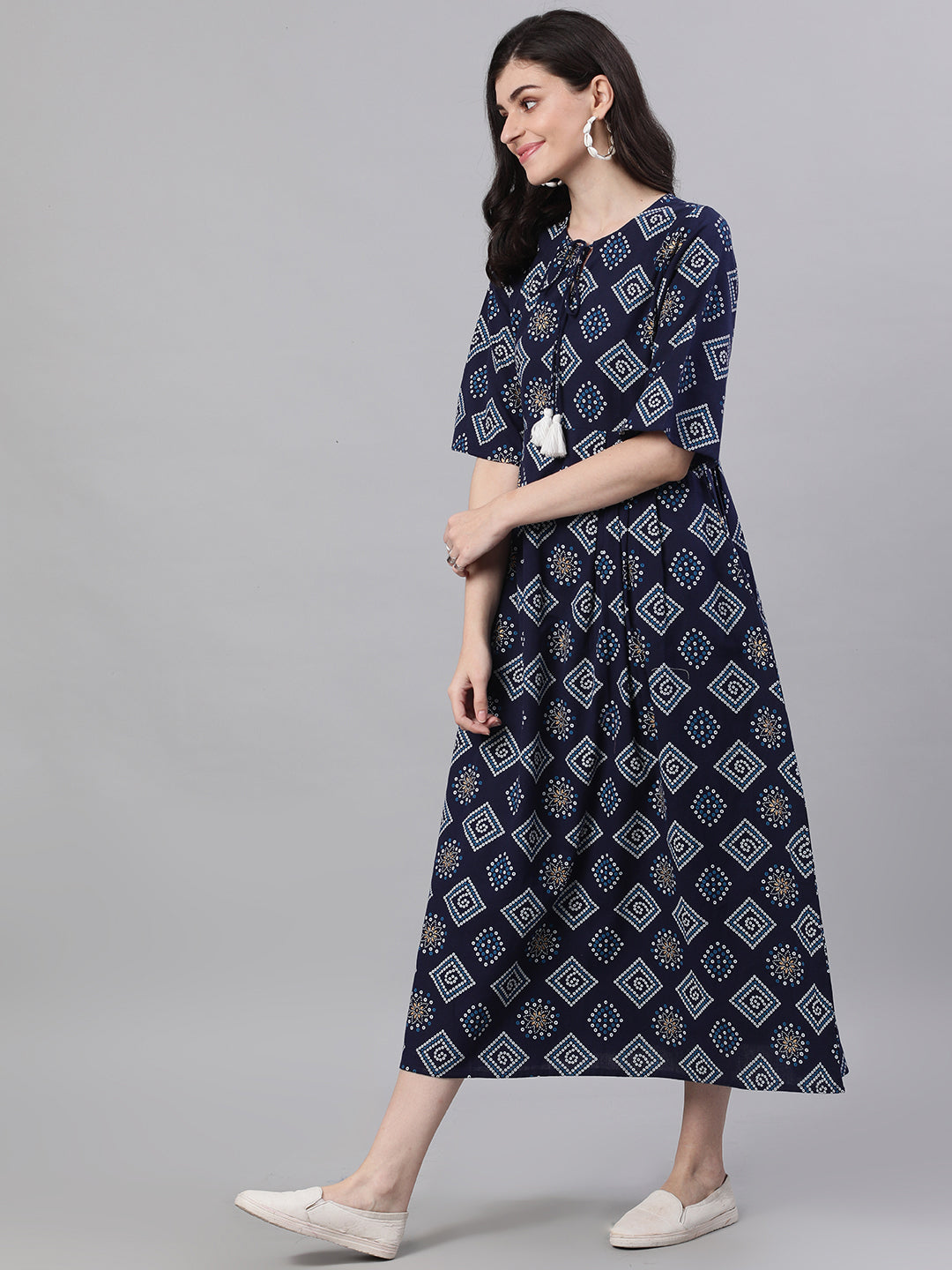 NOZ2TOZ Women Navy Blue Geometric Printed Tie-Up Neck Cotton Maxi Dress - Distacart
