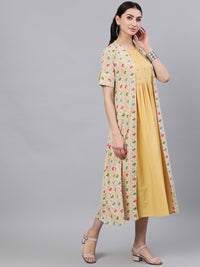 Thumbnail for NOZ2TOZ Women Beige Ethnic Motifs Printed Round Neck Cotton A-Line Dress With Shrug - Distacart