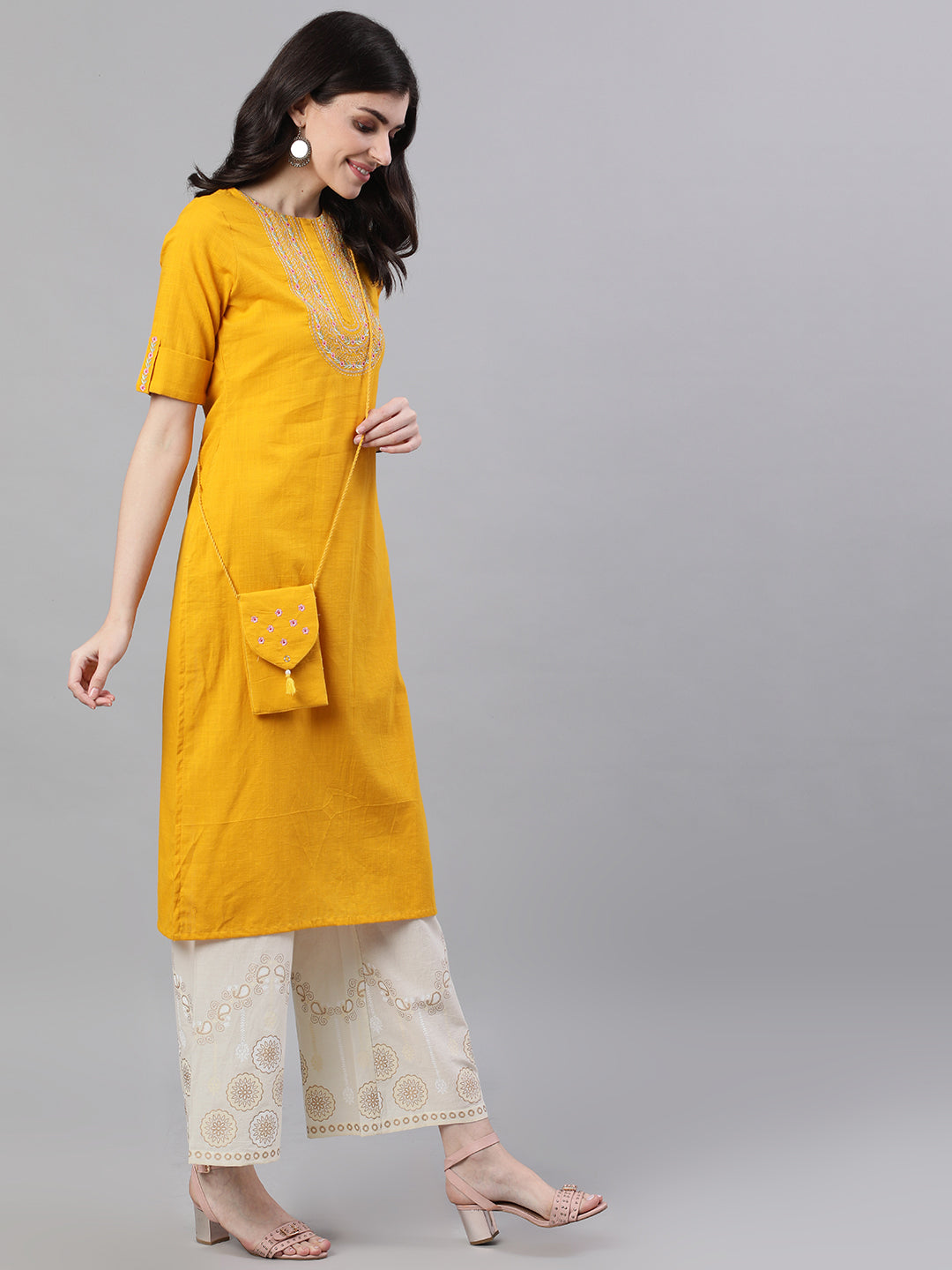 NOZ2TOZ Women Mustard Calf Length Three-Quarter Sleeves Straight Woven Design Solid Cotton Kurta - Distacart