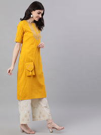 Thumbnail for NOZ2TOZ Women Mustard Calf Length Three-Quarter Sleeves Straight Woven Design Solid Cotton Kurta - Distacart
