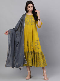 Thumbnail for NOZ2TOZ Women Yellow Floral Printed Round Neck Cotton Maxi Dress With Dupatta - Distacart