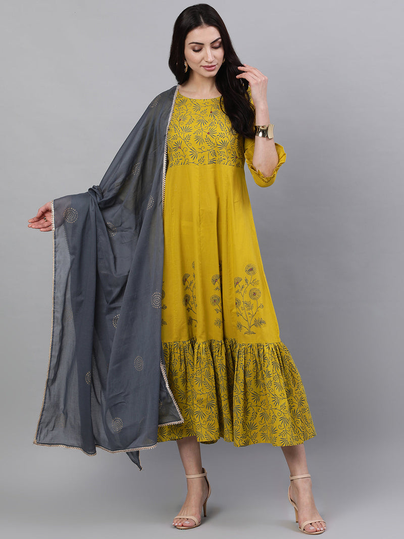 NOZ2TOZ Women Yellow Floral Printed Round Neck Cotton Maxi Dress With Dupatta - Distacart