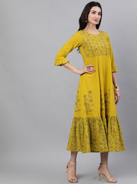 Thumbnail for NOZ2TOZ Women Yellow Floral Printed Round Neck Cotton Maxi Dress With Dupatta - Distacart