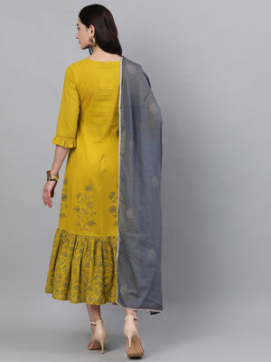 NOZ2TOZ Women Yellow Floral Printed Round Neck Cotton Maxi Dress With Dupatta - Distacart