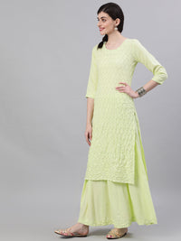 Thumbnail for NOZ2TOZ Women Lime Yellow Three-Quarter Sleeves Straight Kurta Skirt Set With Dupatta - Distacart